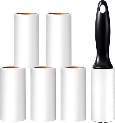 Vinabo Rodillo Quitapelos Mascotas, 1 Mango + 6 Rollos de Hojas Adhesivas, Rodillo Adhesivo para Ropa, Rodillo Quitapelusas para Ropa, Pelo, Sofá, Cama, Pelo de Gato y Perro - 60/Rollo